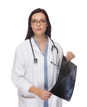 Attractive Serious Mixed Race Female Doctor or Nurse Holding X-ray Isolated on a White Background.