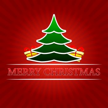 merry christmas - text with green christmas tree and golden gift boxes signs over red rays