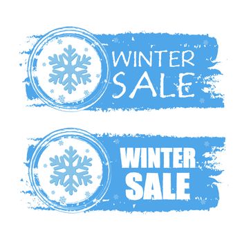 winter sale - text with snowflake sign on blue drawn banners, business seasonal concept