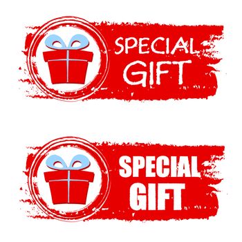 special gift - text and present box sign on red christmas drawn banner, business holiday concept