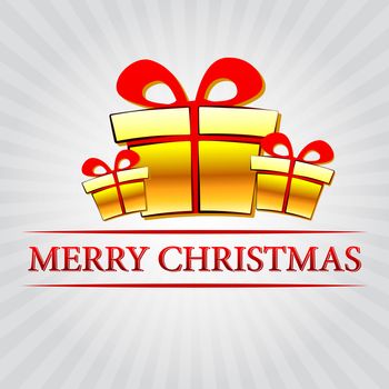 merry christmas - text with golden gift boxes signs over silver grey rays