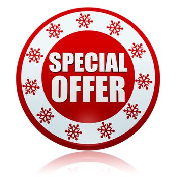christmas special offer - 3d red circle banner with white text and snowflakes symbols, business holiday concept
