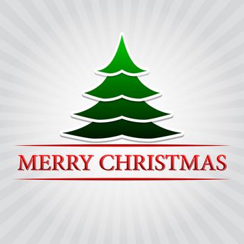 merry christmas - text with green christmas tree sign over silver grey rays