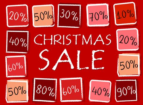 christmas sale and different percentages - retro style red label with text and squares, business holiday concept