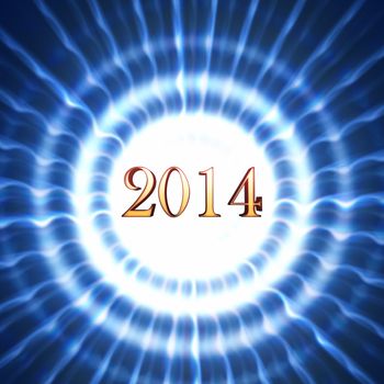 golden new year 2014 in shining white blue striped circles with rays
