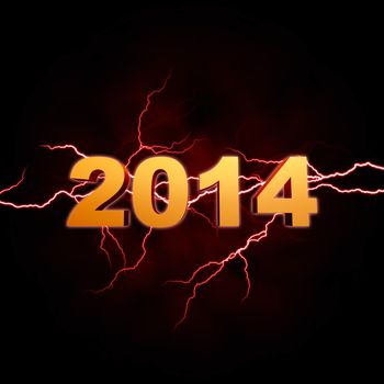 golden new year 2014 with lightning over dark background