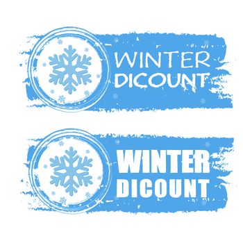 winter discount - text with snowflake sign on blue drawn banners, business seasonal concept