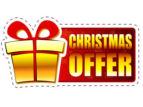 christmas offer - text and gift box sign on red banner with snowflakes, business holiday concept