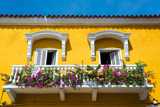 Historic yellow and white balcony in Cartagena, Colombia with colorful flowers