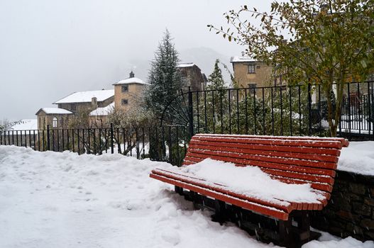 It is snowing on the town of Ordino, Andorra