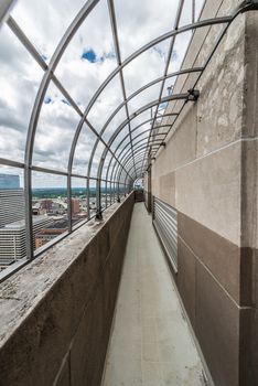 Partial view of downtown from Foshay Tower public observation deck in Minneapolis Minnesota