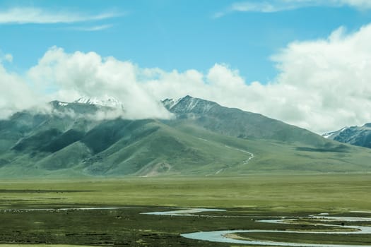 Scenic landscape view of snow mountain ranges and surroundings in Tibet 