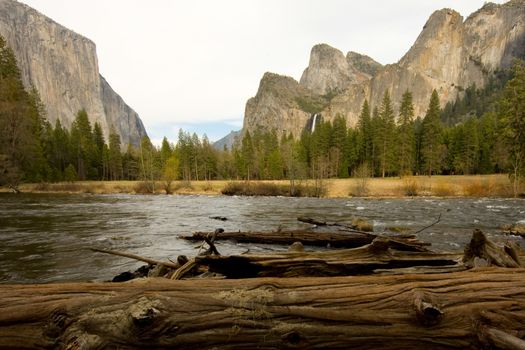 Rock formations in a valley, Bridal Veil Falls Yosemite, El Capitan, Half Dome, Yosemite Valley, Yosemite National Park, California, USA