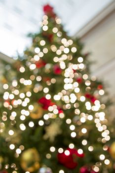 Christmas Tree Decoration with Ornaments Lights Perspective Bokeh Blurred Defocused Background