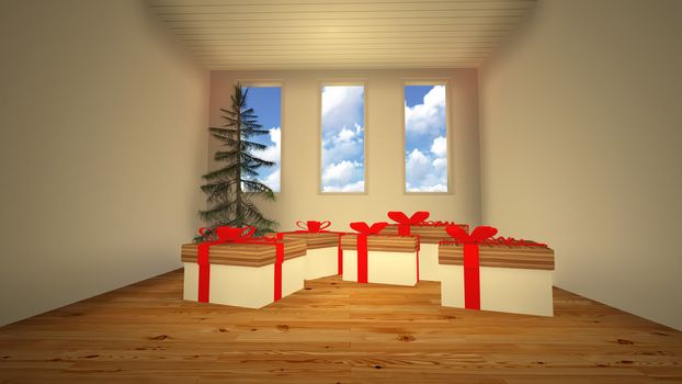 gift box and christmas tree in room