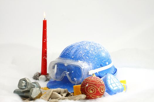 Safety New Year- protective equipment on artificial snow