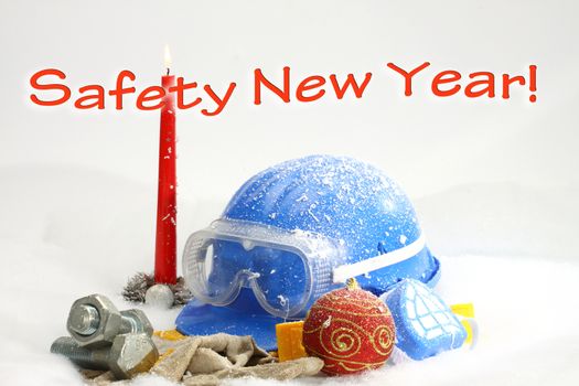 Safety New Year- protective equipment on artificial snow