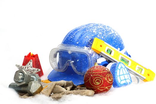 Safety New Year- protective equipment on artificial snow