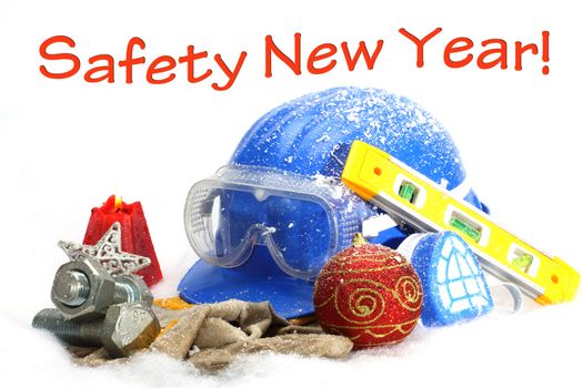 Safety New Year- protective equipment on artificial snow