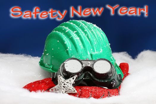 Safety New Year- protective equipment on artificial snow