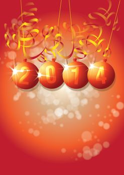 A New Year themed image on a portrait format with 2014 set in a set of orange baubles with paper style decorations surrounding.