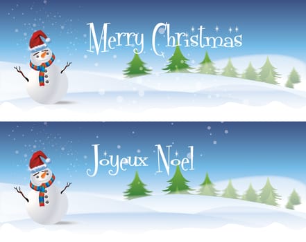 Two horizontal christmas banners with a white snowman dressed with a colourful scarf and red santa hat, set against white snow and green trees. Set with seasonal greetings in English and French.