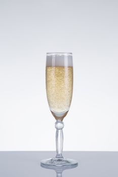 Elegant champagne glass with natural reflection for New Year, studio shot on grey background 
