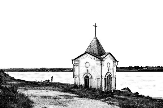 B&W Old orthodox chapel on the banks of the river Sheksna, north Russia