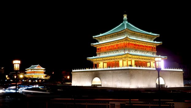 Long exposure of the Bell Tower, Xi'an, with the Drum tower in the background 