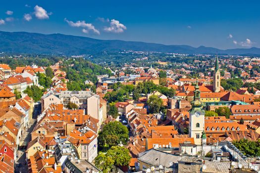 Zagreb, Capital of Croatia aerial view - colorful rooftops and church towers