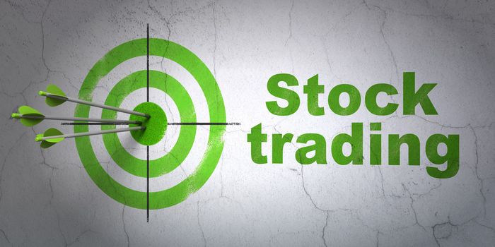 Success business concept: arrows hitting the center of target, Green Stock Trading on wall background, 3d render