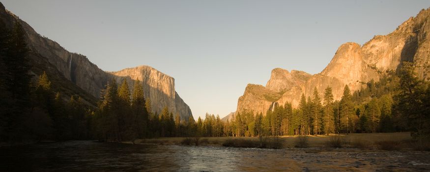 View of Bridal Veil Falls, Half Dome and El Capitan in Yosemite Valley, Yosemite National Park, California, USA