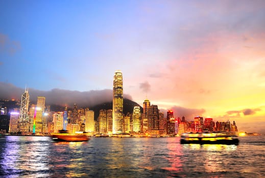 Skyline of Hong Kong island at colorful dusk 