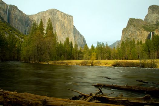 Rock formations in a valley, Bridal Veil Falls Yosemite, El Capitan, Half Dome, Yosemite Valley, Yosemite National Park, California, USA