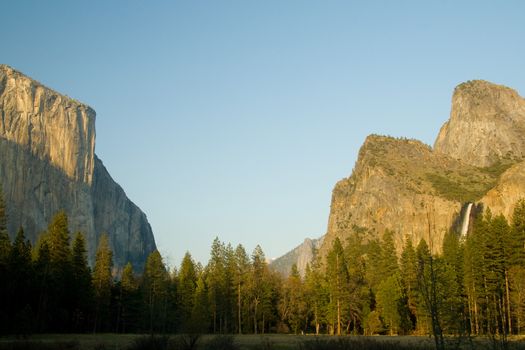 View of Bridal Veil Falls, Half Dome and El Capitan in Yosemite Valley, Yosemite National Park, California, USA