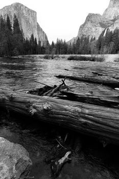 Rock formations in a valley, Bridal Veil Falls Yosemite, El Capitan, Half Dome, Yosemite Valley, Yosemite National Park, California, USA