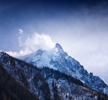 Mount "Aguille du Midi" at 3842 meters altitute. Mont Blanc massif, Alps. Chamonix, France.