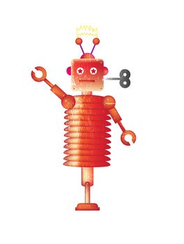 A single robot set on a white isolated background on a portrait format image with a grunge style effect applied.