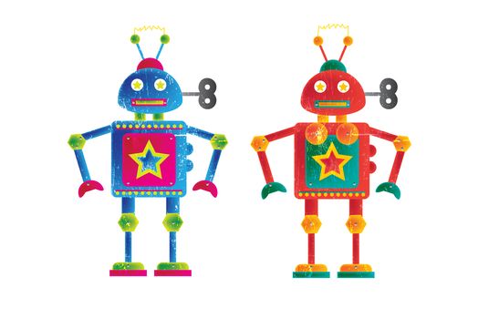 Two colourful robots, one female orintated , the other male. Set on a white isolated background on a landscape format image with a grunge style effect applied.