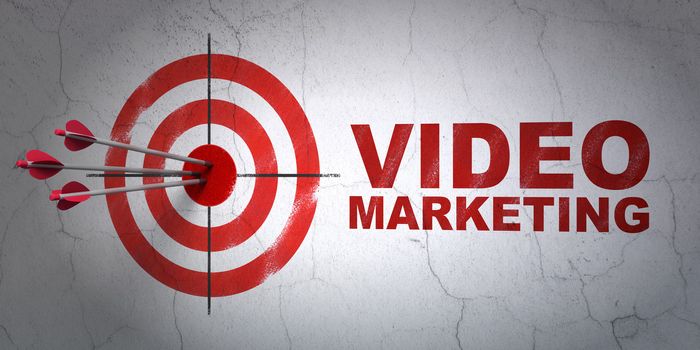 Success business concept: arrows hitting the center of target, Red Video Marketing on wall background, 3d render