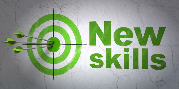 Success Education concept: arrows hitting the center of target, Green New Skills on wall background, 3d render