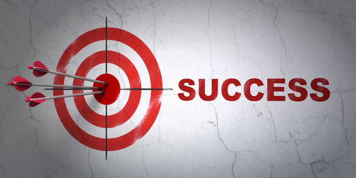 Success finance concept: arrows hitting the center of target, Red Success on wall background, 3d render