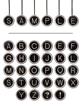 Six vintage typewriter keys, isolated on white, with full alphabet of old keys to create custom words.  Includes clipping path for each key.