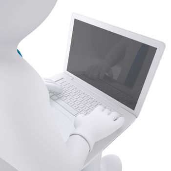 White 3d man working at his laptop. Render on white background