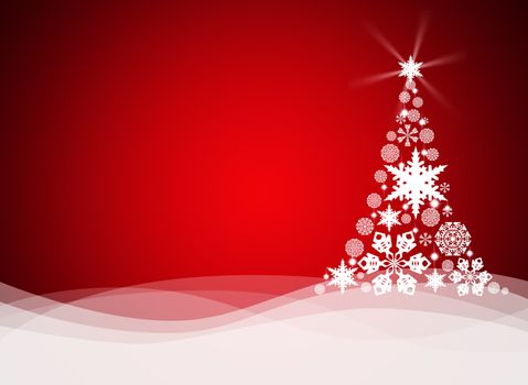 Christmas tree from white snowflakes on red background