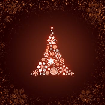 Christmas tree from white snowflakes on dark red background