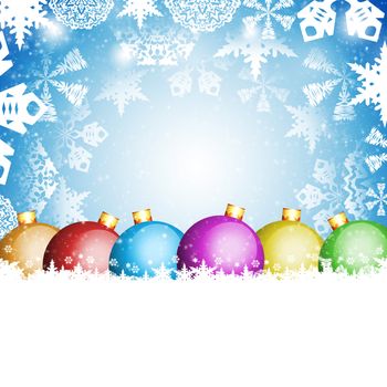 Christmas balls and white snowflakes on a blue background