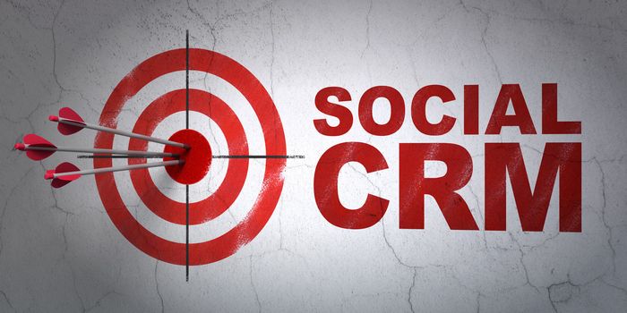 Success business concept: arrows hitting the center of target, Red Social CRM on wall background, 3d render