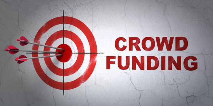 Success finance concept: arrows hitting the center of target, Red Crowd Funding on wall background, 3d render