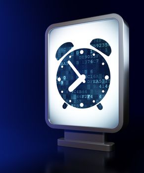 Timeline concept: Alarm Clock on advertising billboard background, 3d render